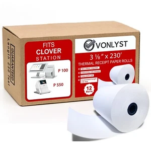 Vonlyst Thermal Receipt Paper Rolls 3 1/8" x 230' for Clover Station (12 rolls) - Picture 1 of 7