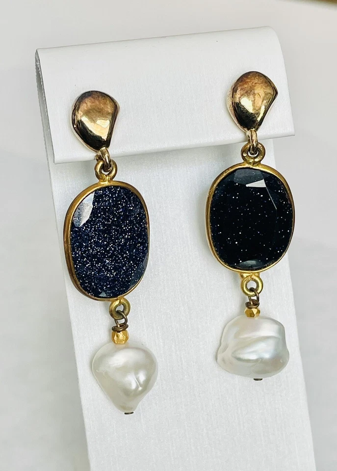 Blue Goldstone Druzy Dangle Earrings w/ Large Baroque Freshwater Pearls - Image 1 of 4