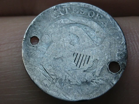 1831 Silver Capped Bust Half Dime, Holed Twice, Old Button? Cover