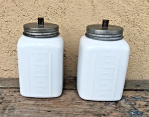 2 POTTERY BARN 8" FARMHOUSE RUSTIC WHITE CERAMIC CANISTERS GALVANIZED METAL LIDS - Picture 1 of 18