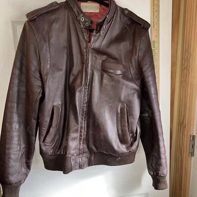 Vintage 80’s Charles Klein Distressed brown leather bomber jacket Sz 42 46”x25” - Image 1 of 4