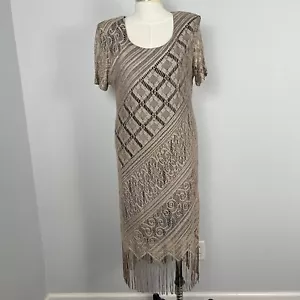 Vintage Helene Blake Crochet Dress Size 14 Midi Lined Stretch Fringe Boho Tan - Picture 1 of 15