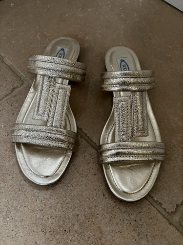 TOD’S Sandali Tods Doppia T Piatti in Pelle Glitter Oro UK 7 5 EU 41