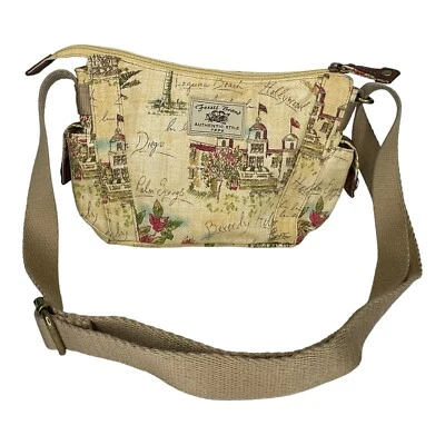 FOSSIL Crosbody Bag Purse Khaki Tan Adjustable Strap Canvas California Cities - Image 1 of 4