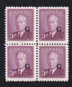 Canada 1950 Official 'G' Overprint, KGVI 3¢ with-postes, MNH block, sc#O18 [v1] - Picture 1 of 1