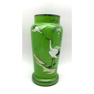 Vtg. Rare Czechoslovakian Green Cased Glass Handpainted Enamel Storks - Picture 1 of 6