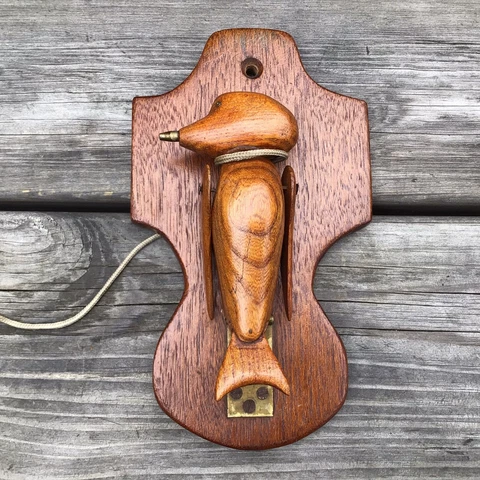 Old Vintage Antique Carved Wooden Oak & Brass Woodpecker Bird Door Knocker Cover