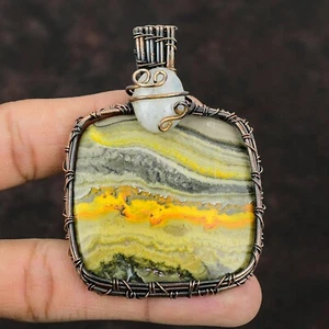 Bumble Bee Jasper Wire Wrapped Pendant Handcrafted Copper Holiday 2.95" - Picture 1 of 6