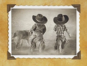 Blank Card Two Little Cowboys Big Cowboy Hats With Big Dog Greeting Card - Picture 1 of 3