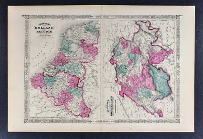 1867 Johnson Map Holland Belgium Amsterdam Brussels - Switzerland Geneva Zurich - Image 1 of 3