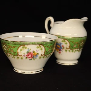 Salisbury Bone China Sugar Bowl and Creamer Set green w/pink roses made in Engla - Picture 1 of 13