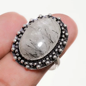 Black Rutile Oval Shape Gemstone Handmade Birthday Gift Jewelry Ring 7.5" PG 664 - Picture 1 of 4