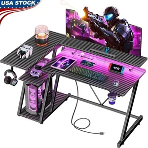 L Shaped Gaming Desk W/ RGB LED Lights USB Ports Monitor Stand & Cup Holder - Picture 1 of 9