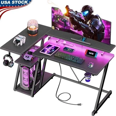 L Shaped Gaming Desk W/ RGB LED Lights USB Ports Monitor Stand & Cup Holder - Image 1 of 4