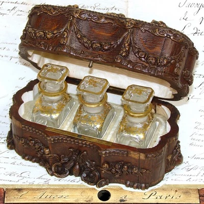 Antiguo carrito victoriano francés triple aroma, caja de perfumes, 3 botellas de esmalte dorado Foto 1 de 4