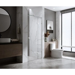 90cm Wall to Wall Frameless Shower Screen with Black Brackets and Brass Hinges, - Picture 1 of 10