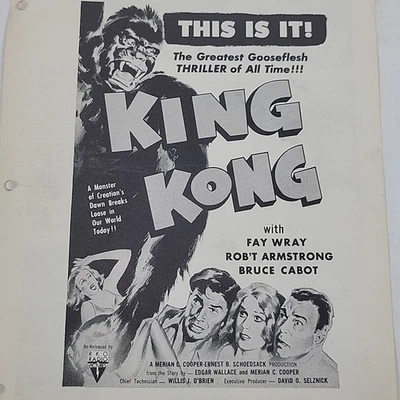 King Kong 1952 RKO Relanzamiento Expositor Hoja Promocional Fay Wray Volante Original Difícil de Encontrar Foto 1 de 4