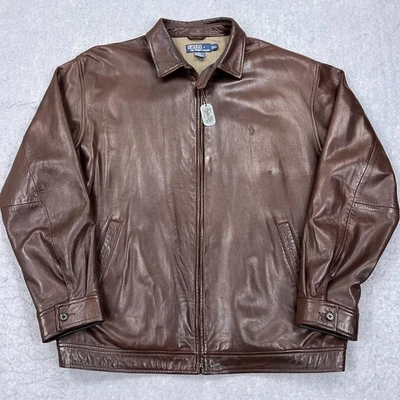 De Colección Polo Ralph Lauren Cuero Chaqueta Bomber Para Hombre XL Marrón Suave Mantequilla Cremallera Completa Foto 1 de 4