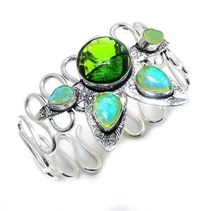 Peridot, Opal Gemstone Handmade 925 Sterling Silver Cuff Bracelet Adjustable - Picture 1 of 5