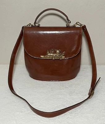 Bolsa tiracolo vintage década de 1990 Sasha couro marrom ouro pantera leopardo - Imagem 1 de 4