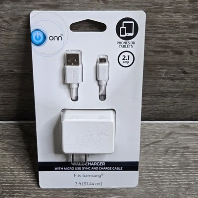 New Onn Sync And Charge Cable, With USB To MICRO-USB Connectors 3 Feet New White - Image 1 of 3