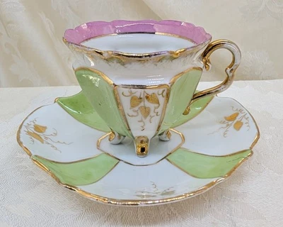 Antique Late 1800s Demitasse Cup Saucer Green Pink Gold Hand Painted Quadrofoil Foto 1 de 4