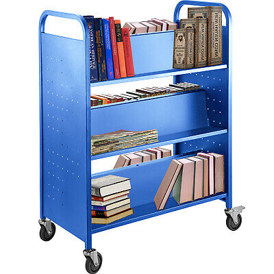 Book Cart Library Cart 200lb With Double Sided W-Shaped Sloped Shelves In Blue • 267.92$