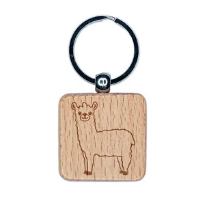 Lovely Llama Alpaca Engraved Wood Square Keychain Tag Charm - Picture 1 of 6