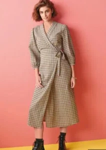 Maxi Vestido Envolvente Next Check Impreso Talla 14 Mangas Completas Beige Natural Adelgazante - Imagen 1 de 6