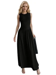 Women's Solid Color Round Neck Sleeveless Ruched Waist Long Dress NEW - Picture 1 of 14