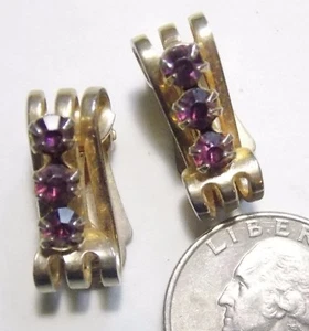 Vintage Clip Earrings 3 Purple Amethyst Rhinestones on 3-Line GT Scroll Design - Picture 1 of 2