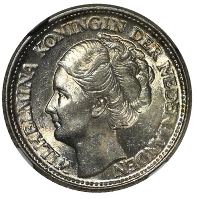 NETHERLANDS Wilhelmina I 25 Cents 1945-P NGC MS63 Rare Date - Image 1 of 3
