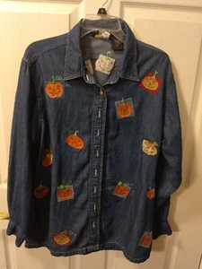 Silver Threads Jeans Shirt Embroidered Pumpkins Orange Buttons Size LargeCollar - Picture 1 of 6