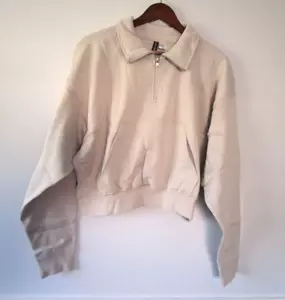 Divided Crop Top Sweatshirt Women's Lg Long Sleeve 3/4 Zip Collar Beige NEW - Picture 1 of 12
