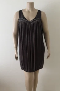 Jigsaw Shift Dress Womens Sz 16 V Neck Ruched 100% Silk & Velvet Contrast Taupe - Picture 1 of 8