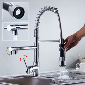 Deck Mount Chrome Kitchen Sink Faucet Pull Down Spray Swivel Spout Mixer Tap - Picture 1 of 9