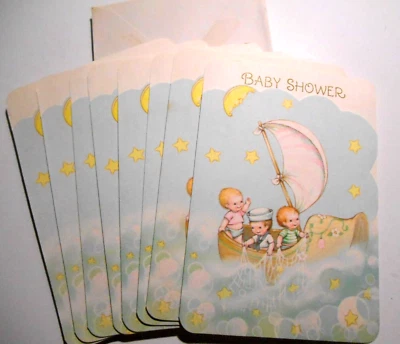 VTG Hallmark Die-cut Baby Shower Invitations Babies SAILING Noon & Stars 8CT - Image 1 of 4
