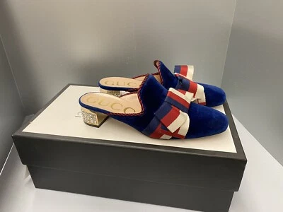 Zapatos de terciopelo azul 100 % auténticos GUCCI GG con lazo de tela y tacón de cristal Foto 1 de 4