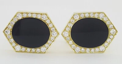 Oval Black Onyx Diamond 18k Yellow Gold Cufflinks 1 ct 27 Grams - Image 1 of 4