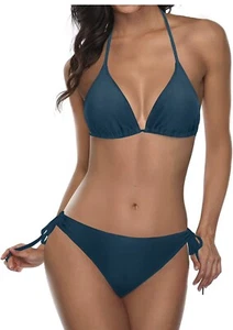 Tempt MeTwo Piece Halter Padded Top Tie Side Bottom Triangle Bikini White Large - Picture 1 of 5