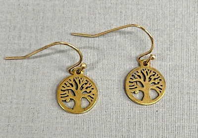Tree Of Life Stainless Round Celtic Earrings Dainty Gold Dangle Hook NEW - Image 1 of 4
