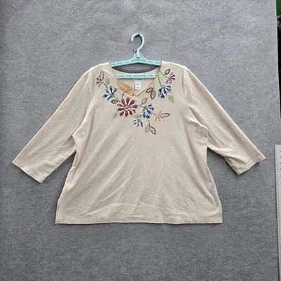 Camisa Pullover Alfred Dunner Mujer XL Beige Floral Bordada Cuello Redondo Foto 1 de 4
