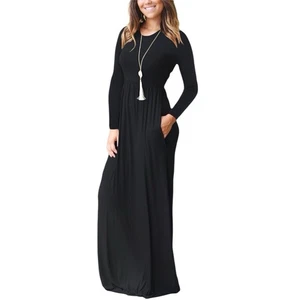 Abito nero manica lunga casual floreale linea A boho maxi tasche festa - Foto 1 di 8