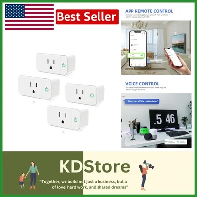 Умная вилка 15 А упаковка из 4 компактных розеток Wi-Fi с голосовым управлением для каждого устройства - Изображение 1 из 4