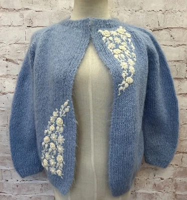 Vintage Hand Knit Mohair Cardigan Sweater Women *Small *see Measurements - Image 1 of 4