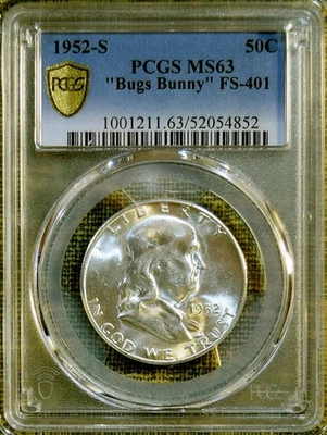 1952-S PCGS MS63 FS-401 Bugs Bunny Franklin Half Dollar - POP 1 IN ALL GRADES - Image 1 of 2