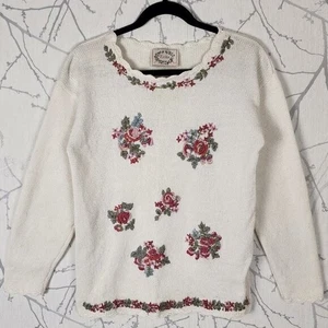 Erika Vintage Pullover Rose Blumen bestickt Baumwolle Cottagecore | Damen S - Bild 1 von 5