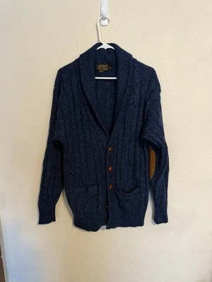 Cárdigan de lana Eddie Bauer L de colección tejido con cable suéter azul chal cuello codo parche Foto 1 de 3