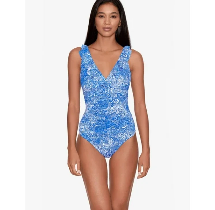 LAUREN Ralph Lauren Artisanal Woodblock Surplice One-Piece Swimsuit Size 12