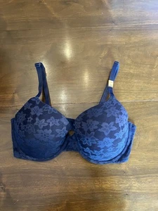 Victorias Secret PINK Bra Lightly Padded Blue Floral Lace Overlay 36 D New - Picture 1 of 7